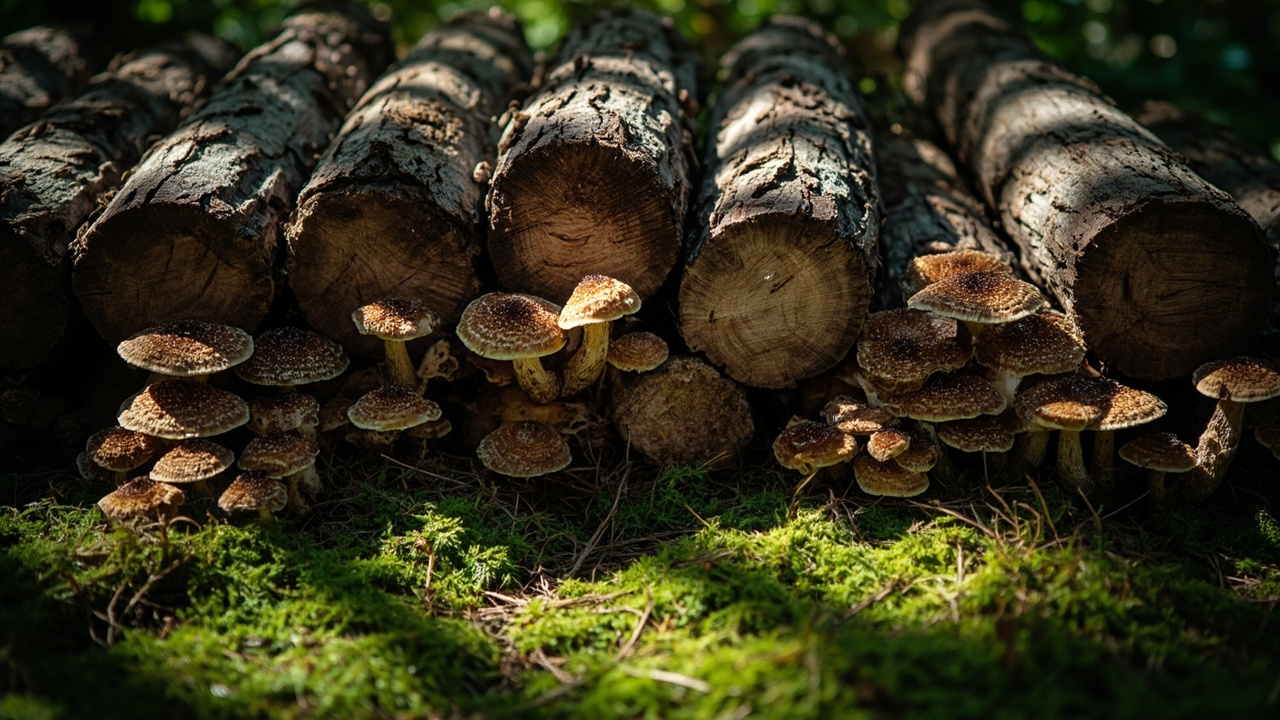 Hardwood logs inoculated with shiitake plug spawn resting outdoors in a shaded stack