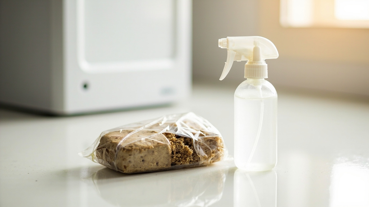 A shiitake block with no pins sitting on a counter next to a hygrometer and spray bottle