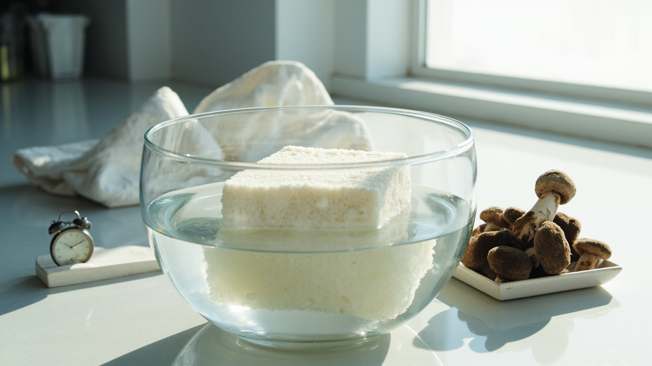 A colonized shiitake block soaking in a bowl of water on a kitchen counter