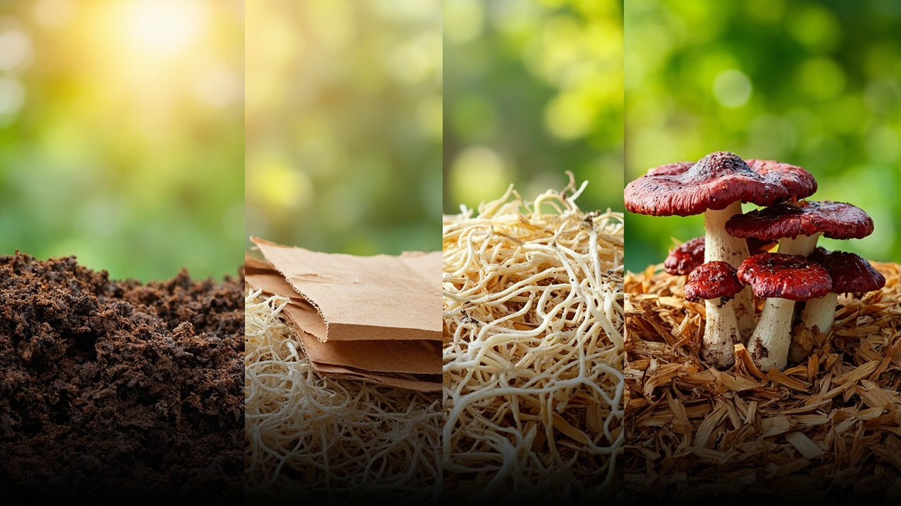 Wine cap bed lifecycle: bare soil, cardboard layer, hardwood chips with spawn, mature fruiting bed with caps