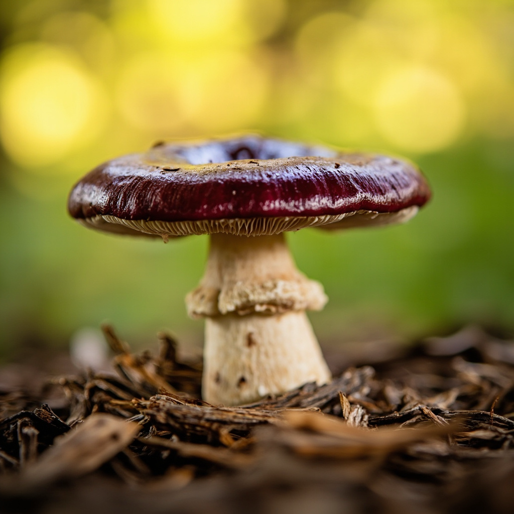 Hand holding a freshly picked wine cap mushroom with the cap visible above a wood chip bed