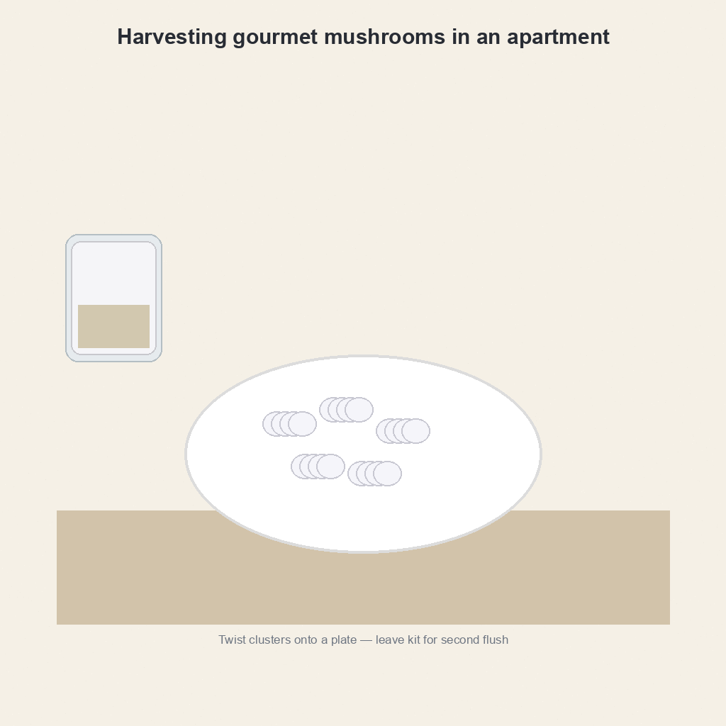 Harvesting gourmet mushrooms in an apartment