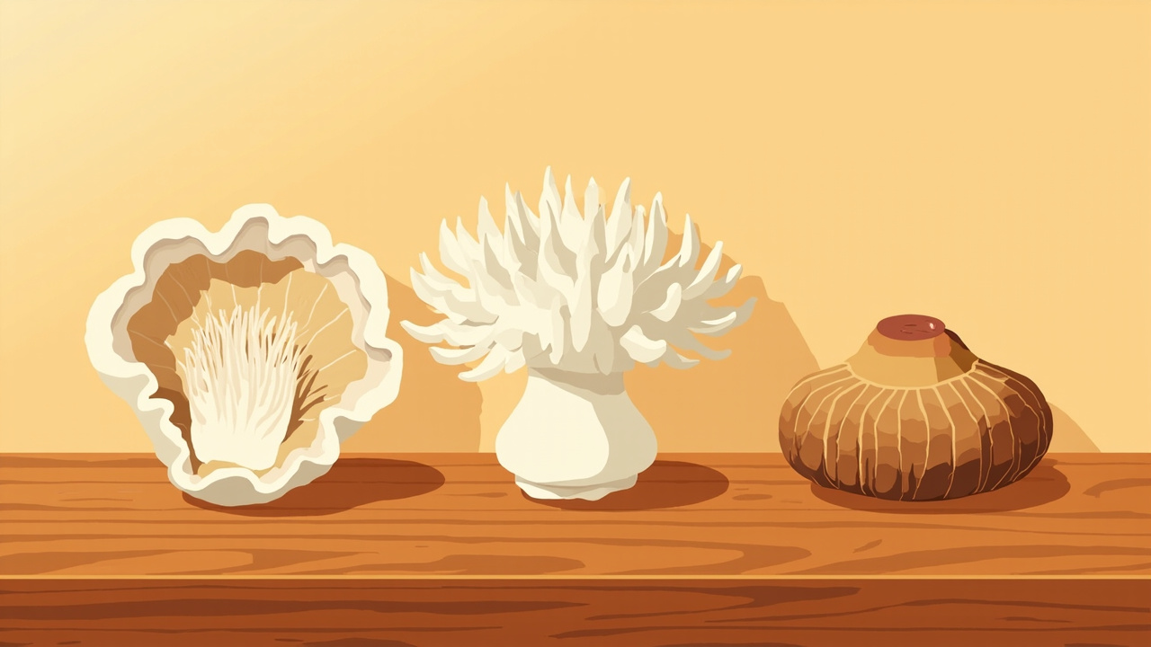 Three harvest-ready gourmet mushrooms: oyster cap, lion's mane pom-pom, and shiitake cap each at the right size.